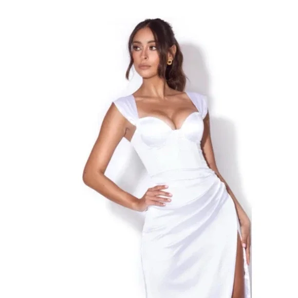 Miss Circle $185 Hedy Sz S White Satin Corset Mini Dress Ruch Mini Slit Silky - Picture 4 of 13